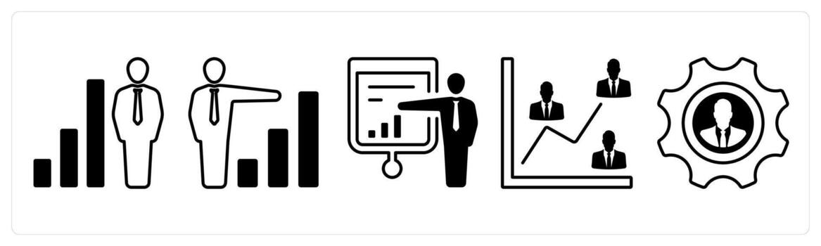 A set of 5 mix icons as employee growth, presentation, report in black color vector
