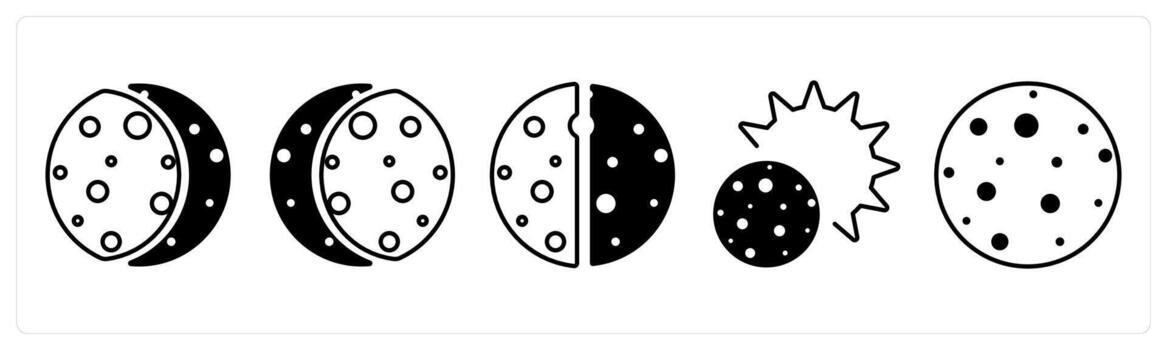 A set of 5 mix icons as solar eclipse, lunar eclipse, eclipse in black color vector