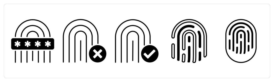 A set of 5 mix icons as biometric, fingerprint mismatch, fingerprint matched in black color vector