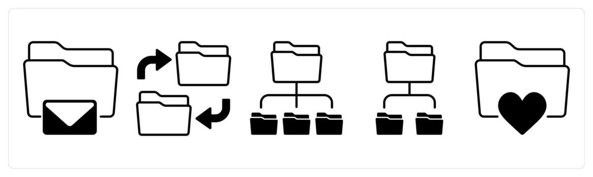 A set of 5 mix icons as email folder, backup folder, subfolder in black color vector