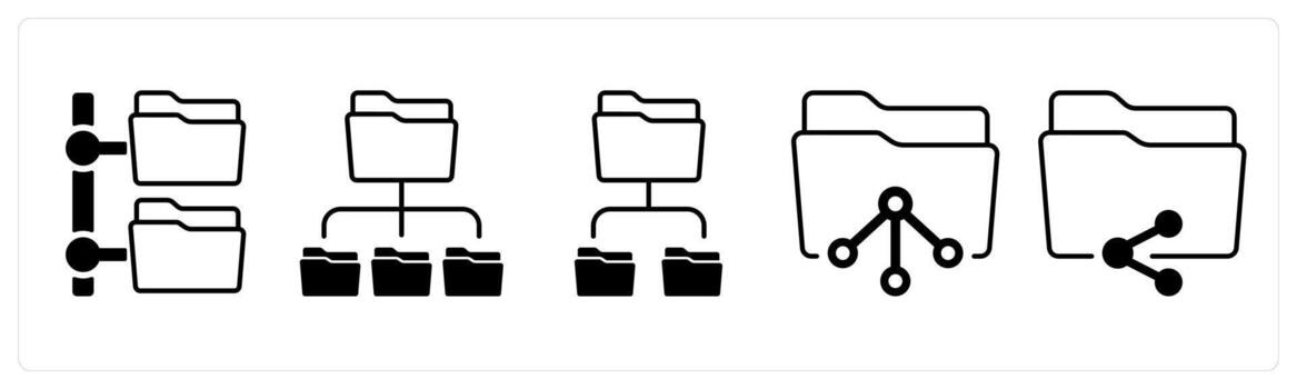 A set of 5 mix icons as folder tree, subfolder, share folder in black color vector