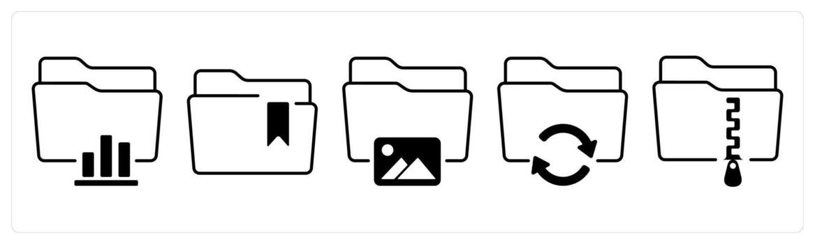 A set of 5 mix icons as statistics, bookmark folder, image folder in black color vector