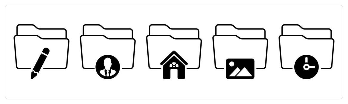 A set of 5 mix icons as edit folder, private folder, home folder in black color vector