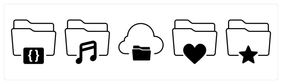 A set of 5 mix icons as folder code, music folder, cloud sharing in black color vector