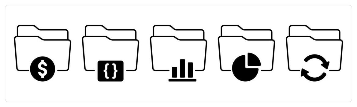 A set of 5 mix icons as finance folder, folder code, statistics in black color vector