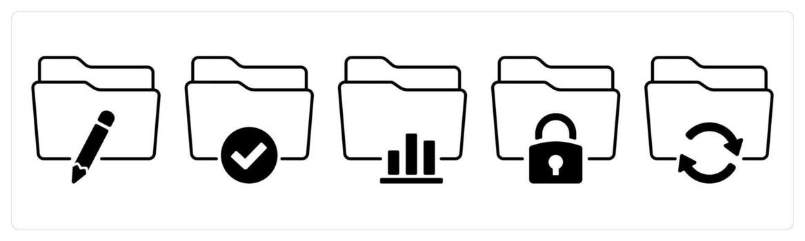 A set of 5 mix icons as edit folder, folder access, statistics in black color vector