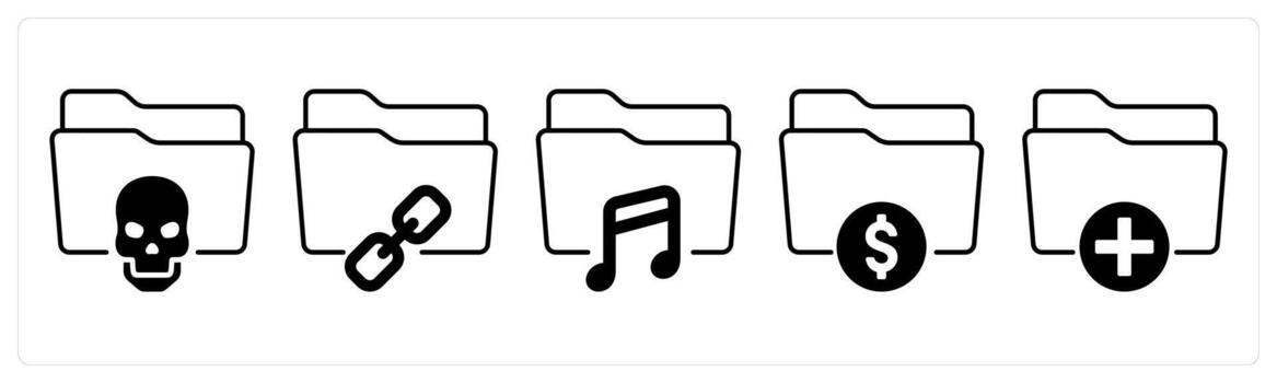 A set of 5 mix icons as confidential folder, link folder, music folder in black color vector