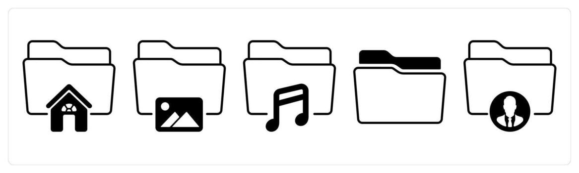 A set of 5 mix icons as home folder, image folder, music folder in black color vector