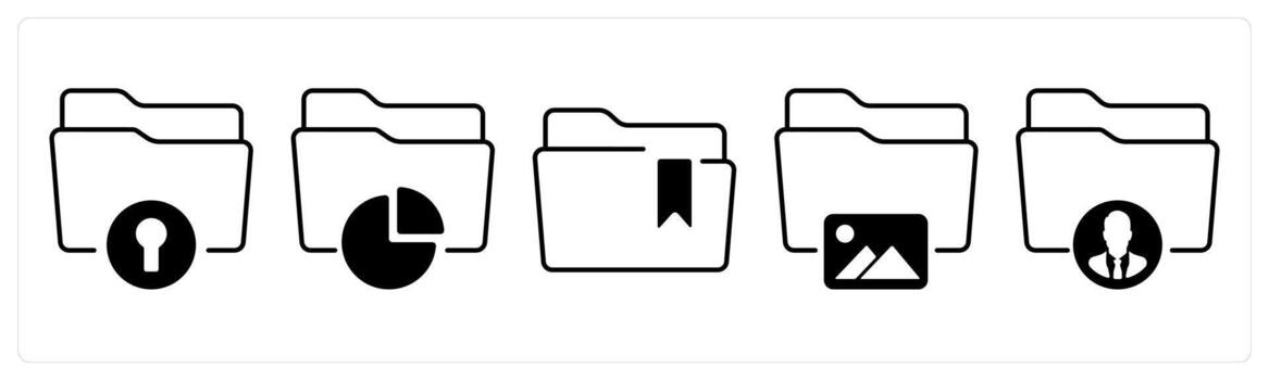 A set of 5 mix icons as secured folder, data folder, bookmark folder in black color vector