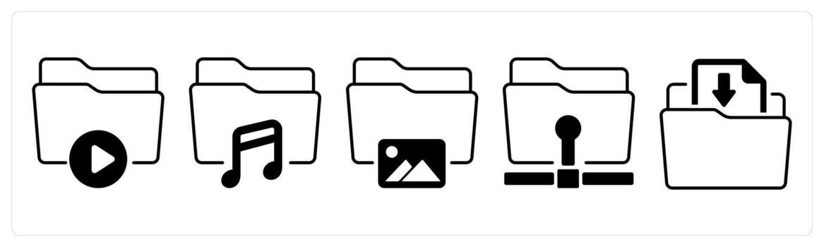 A set of 5 mix icons as folder, music folder, image folder in black color vector