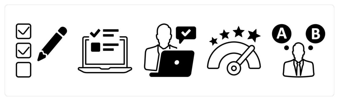 A set of 5 mix icons as checklist, online survey, review administrator in black color vector