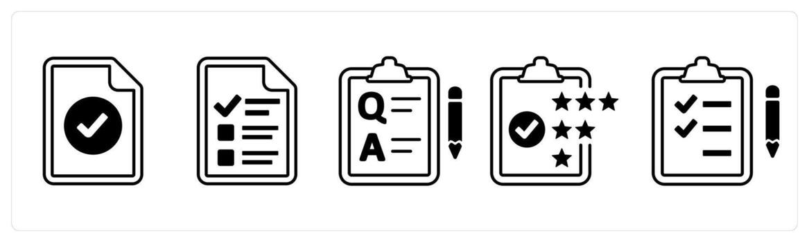A set of 5 mix icons as approved document, survey, questionnaire in black color vector