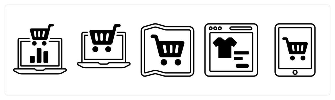 A set of 5 mix icons as ecommerce statistics, ecommerce, store address in black color vector