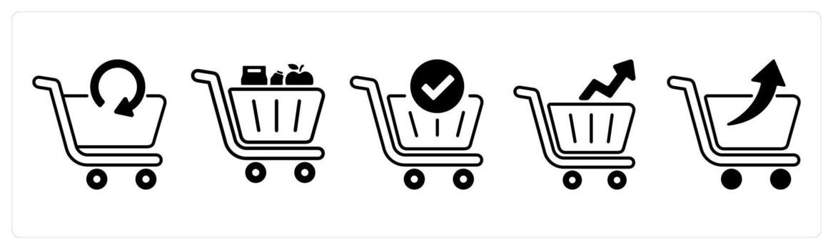 A set of 5 mix icons as update cart, cart items, cart approved in black color vector