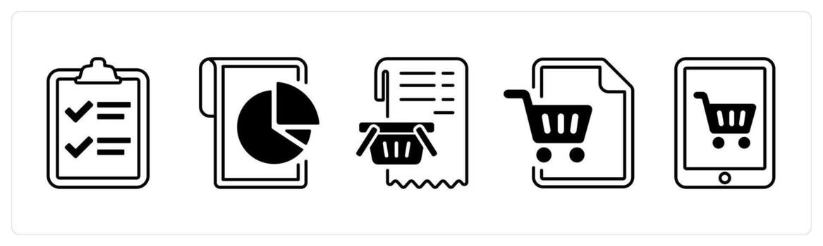 A set of 5 mix icons as item list, data, cart item in black color vector