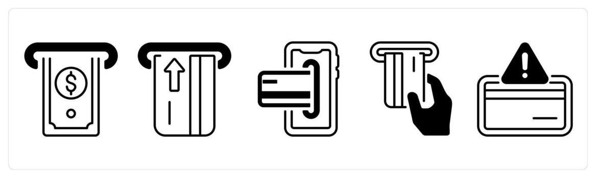 A set of 5 mix icons as withdraw money, insert card, debit card in black color vector