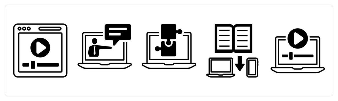 A set of 5 mix icons as player, online lecture, puzzle in black color vector
