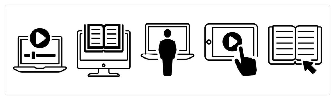 A set of 5 mix icons as online lecture, e learning, online course in black color vector