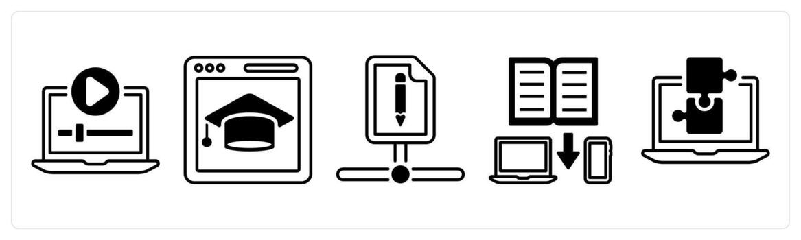 A set of 5 mix icons as online lectue, e learning, document in black color vector