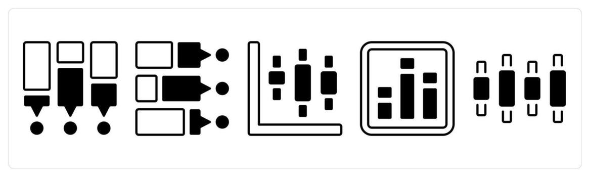 A set of 5 mix icons as daily statistics, chart, analytics in black color vector