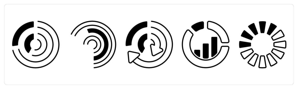 A set of 5 mix icons as pie chart, analysis, comparison in black color vector