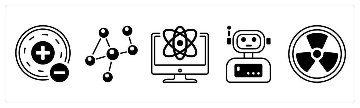 A set of 5 mix icons as atom, physics, robot in black color vector
