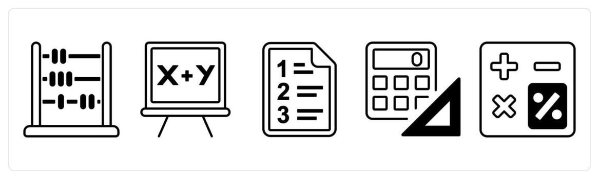 A set of 5 mix icons as abacus, mathematics, examination sheet in black color vector