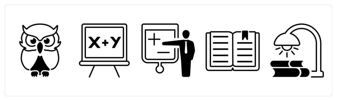 A set of 5 mix icons as smart classes, mathematics, lecture in black color vector