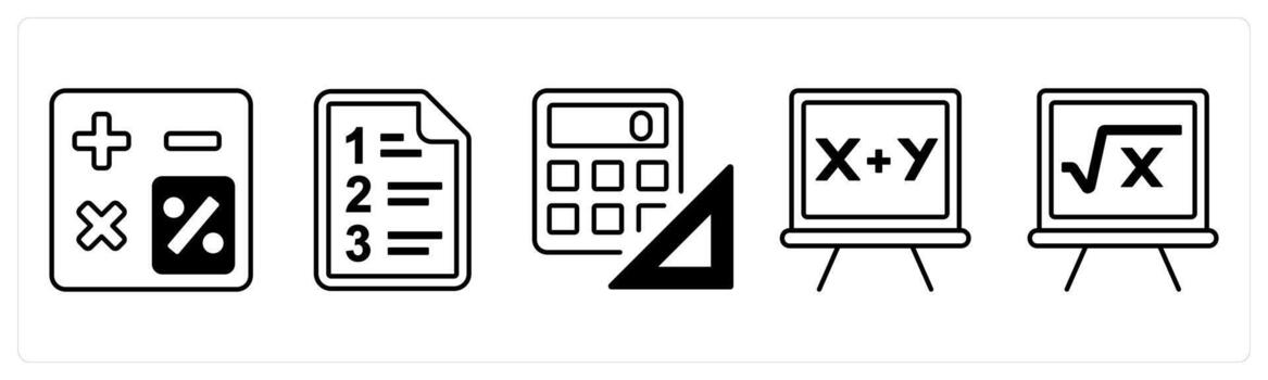 A set of 5 mix icons as calculator, mathematics in black color vector