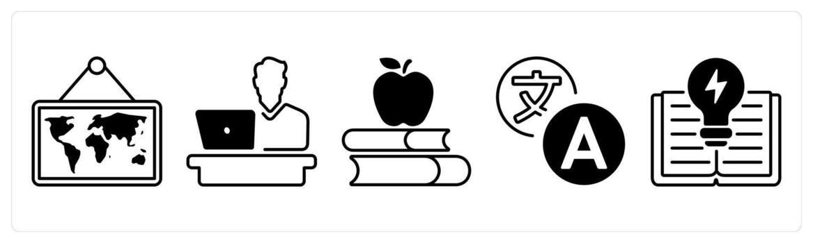 A set of 5 mix icons as map, desk, library in black color vector