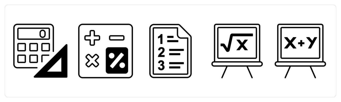 A set of 5 mix icons as examination sheet, mathematics in black color vector