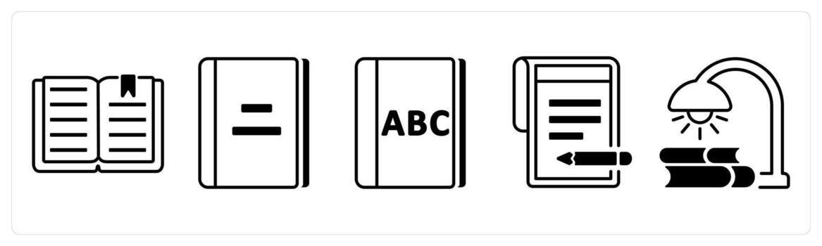 A set of 5 mix icons as book, alphabet, write in black color vector