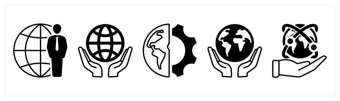 A set of 5 mix icons as global service, save earth, global setting in black color vector