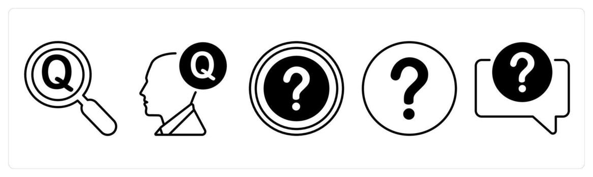 A set of 5 mix icons as question, query in black color vector