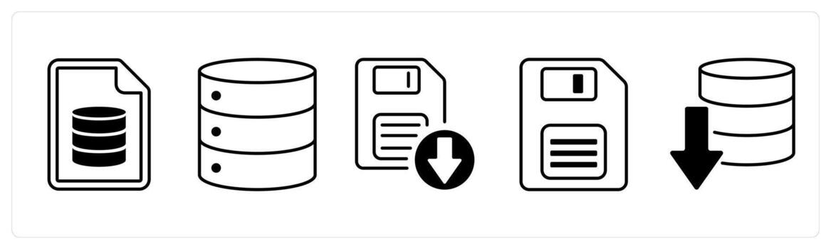 A set of 5 mix icons as server document, database server, download floppy in black color vector