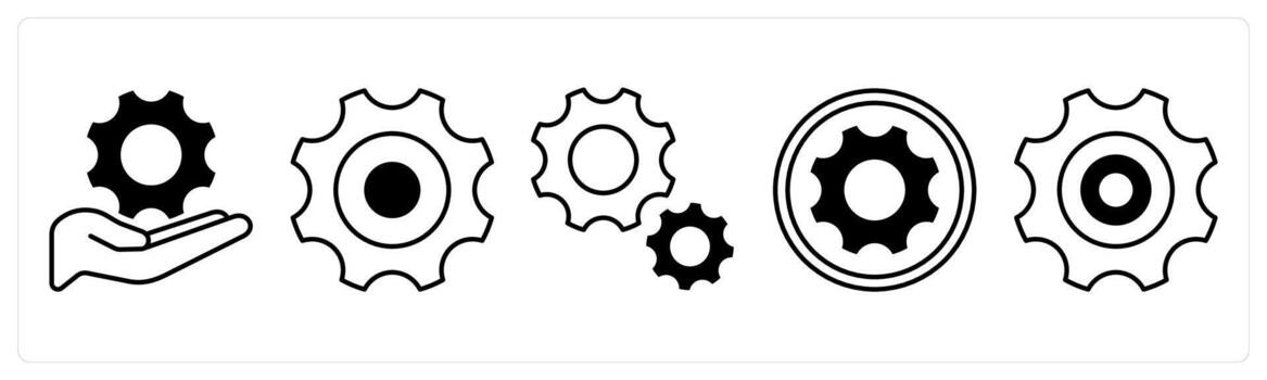 A set of 5 mix icons as setting, gear, optimization in black color vector