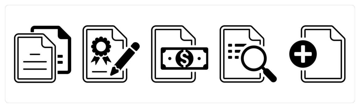 A set of 5 mix icons as duplicate content, certified document, finance document in black color vector