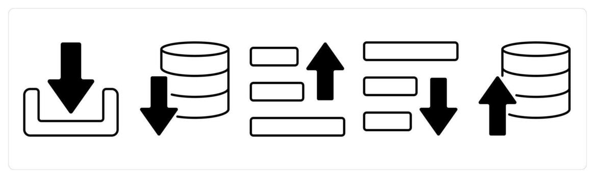A set of 5 mix icons as download, download server, text upload in black color vector