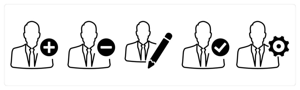 A set of 5 mix icons as add account, remove account, writer in black color vector