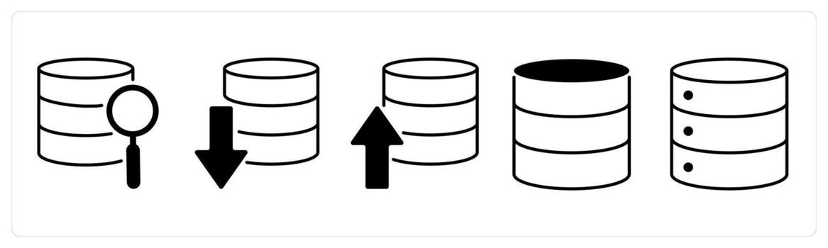 un conjunto de 5 5 mezcla íconos como buscar base de datos, descargar servidor, subir servidor en negro color vector