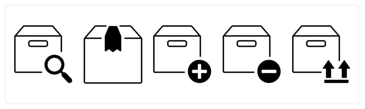 A set of 5 mix icons as search folder, parcel, add box in black color vector