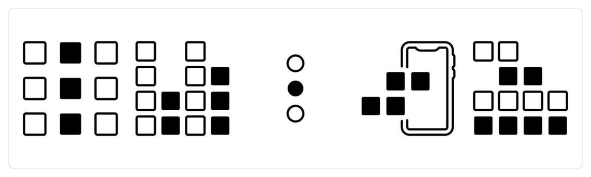 A set of 5 mix icons as square grid, diagram, vertical dots in black color vector