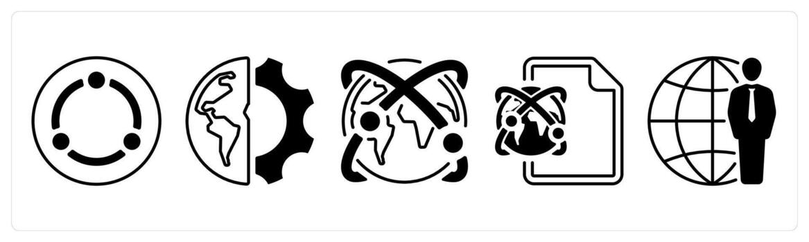 A set of 5 mix icons as network, global setting, global network in black color vector