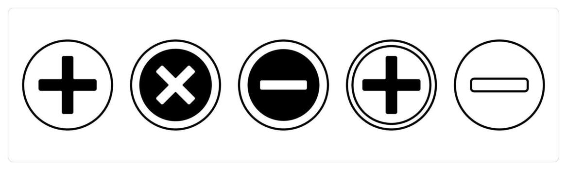 A set of 5 mix icons as add, delete, subtract in black color vector