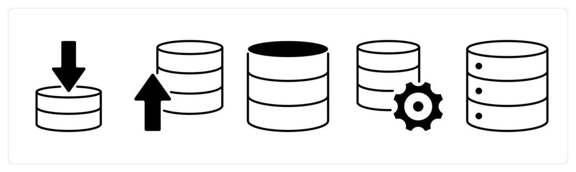 A set of 5 mix icons as server download, upload server, database server in black color vector