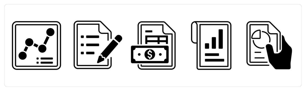 A set of 5 mix icons as growth chart, text document, invoice in black color vector
