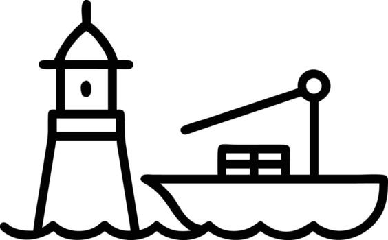 Simple line drawing of lighthouse and boat on sea waves, minimal style vector
