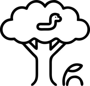 Simple outline illustration of a tree with a snake in its foliage and grass vector