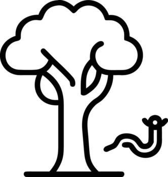 Simple outline of tree with round leaves and snake crawling near trunk vector