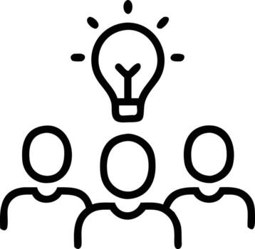 Team brainstorming session icon with lightbulb shining above people outline art vector